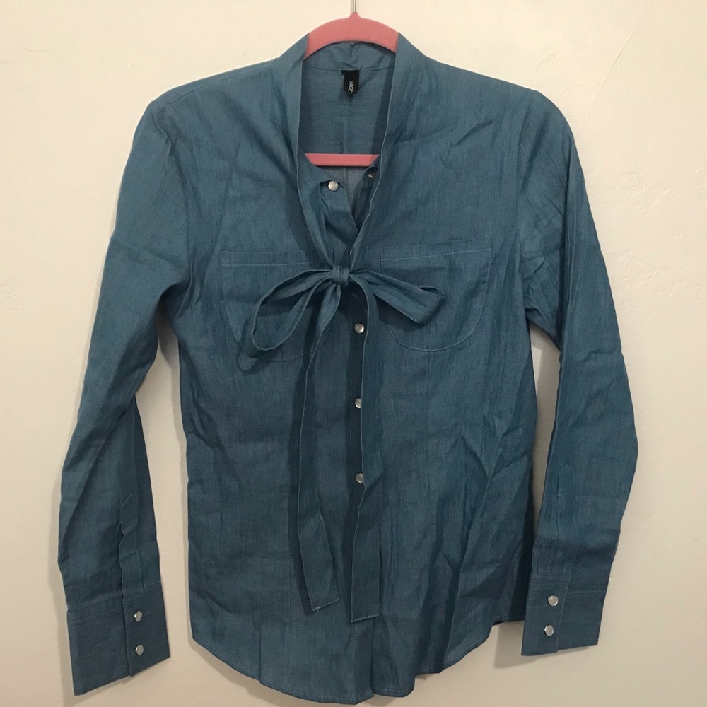 Chambray long sleeve button up shirt with neck bow